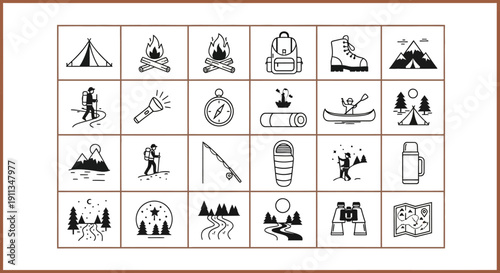 Collection of vintage outdoor adventure camping stickers, badges with tents, mountains, campfires, and explorer typography on a bright studio background, inspiring travel and freedom.