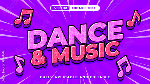 Creative Dance & Music Text Effect with Musical Notes on a Vibrant Purple Background
