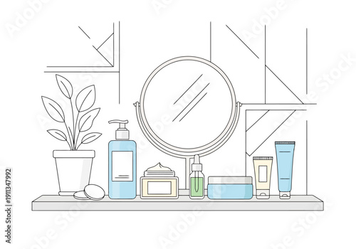 Cosmetic Products And Plant Arranged On Shelf With Mirror Reflection For Beauty Routine And Self Care Concepts