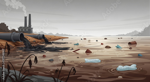 Illustration of industrial factories polluting a murky river with dark waste and plastic debris, symbolizing environmental destruction and ecological damage