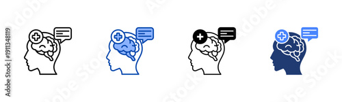 Psychiatry  Solid color and black line drawing vector illustration set