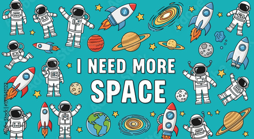 Cute cartoon astronaut and rocket space exploration pattern with planets and stars on a blue cosmic background.