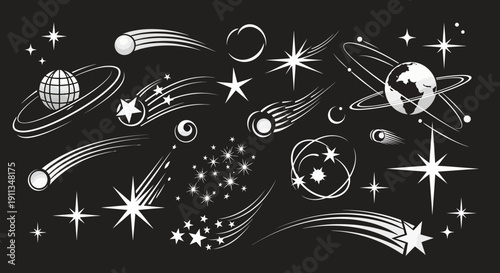 Celestial space elements illustration set with shooting stars and planets on a dark night sky background.