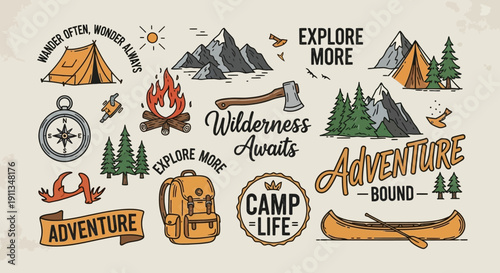 Hand-Drawn Outdoor Camping and Adventure Elements Collection with Wilderness Awaits, Explore More Slogans on Light Background