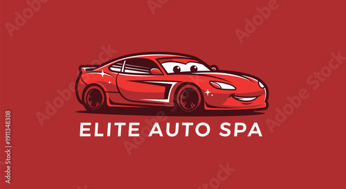 Red sports car with a friendly face logo for Elite Auto Spa.