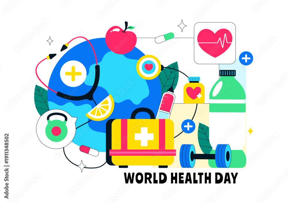 Fototapeta premium World Health Day Vector Illustration on April 7 Featuring Earth And Medical Equipment Highlighting The Importance Of Healthy Lifestyle in Background