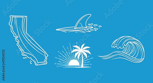 Minimalist white line art icons depicting the California state outline, a surfboard fin, and ocean waves on a blue background, symbolizing West Coast surf culture and a cool, coastal mood.