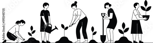 Group of diverse people gardening together planting young trees and watering plants for environmental sustainability urban farming and eco friendly lifestyle