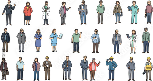 Diverse group of people in various professions and attire standing together in a grid pattern