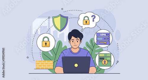 Cybersecurity concept: man using laptop with VPN, firewall, shield, padlock icons
