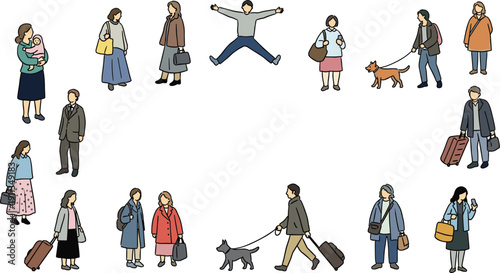 Diverse group of people engaging in various daily activities with pets in a public setting from an overhead viewpoint