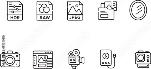 A collection of icons representing various image and video file formats and devices isolated on white background, illustration