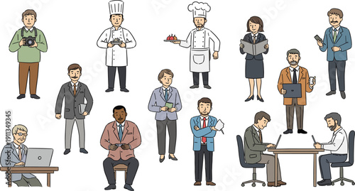 Diverse professionals in various occupations and activities illustrated in a modern office environment from a front viewpoint
