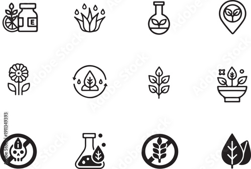 A collection of icons representing various aspects of gardening and plant care isolated on white background, illustration