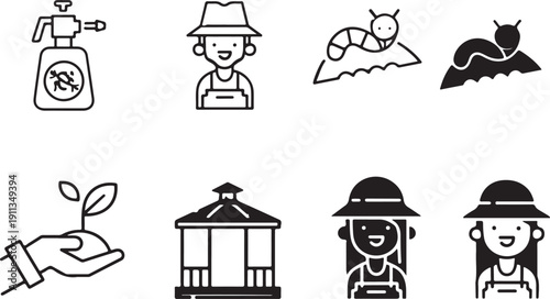 A diverse collection of farming and agricultural activities and tools isolated on white background, illustration