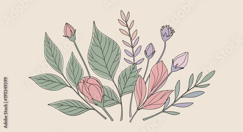 Delicate floral illustration with pastel leaves and buds on a beige background