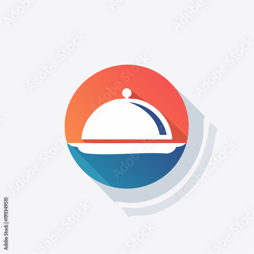 Dynamic graphic icon showcasing a classic covered food dish on a serving tray, perfect for representing high-quality restaurant service, gourmet catering, or culinary experiences with modern flair
