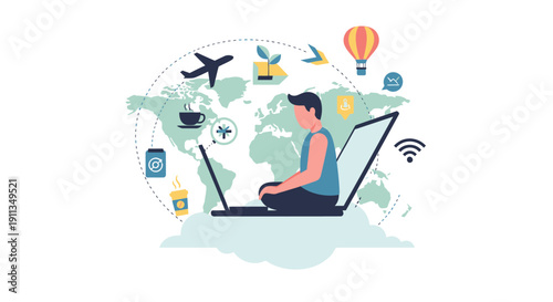 Digital Nomad Working Remotely Around the World with Laptop and Travel Icons