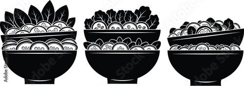 Set of three fresh vegetable salad bowl silhouettes with detailed white line art highlights, professional vector illustration for healthy eating and organic food design.