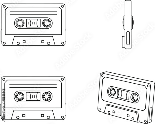 Vintage cassette tape vector set in multiple angles isolated minimal line art illustration design retro audio music icon