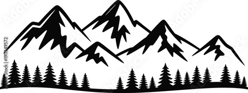 Hand drawn mountain silhouette landscape with pine trees and rugged peaks vector illustration for outdoor adventure camping and nature travel