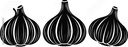 Set of three black garlic bulb silhouettes with detailed white line art highlights, professional vector illustration for organic food cooking and healthy ingredient design.
