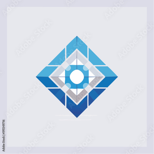 Geometric abstract blue and white rhombus shape with central circle on light gray background