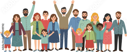 Diverse group of people standing together with arms raised in celebration, conveying unity, happiness, and togetherness