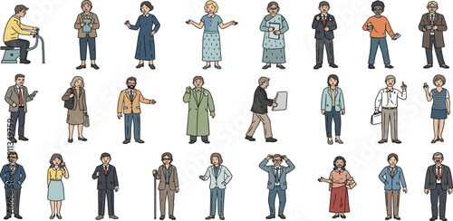 Diverse group of people in various occupations and activities, standing and engaging in different tasks, illustrated in a flat design style.