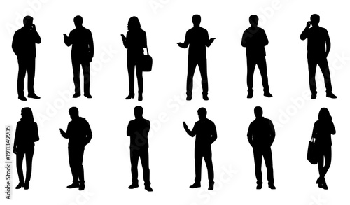 Standing people silhouettes casual men and women vector set