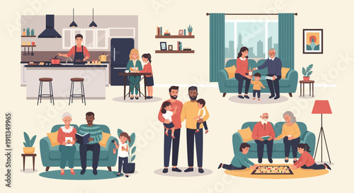 Diverse families enjoying quality time together in cozy home settings