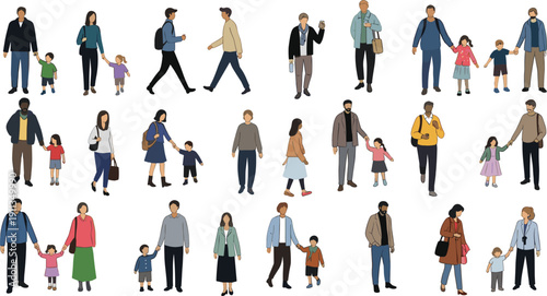 Diverse groups of people walking together with children in various attire and poses, showcasing different family dynamics and relationships