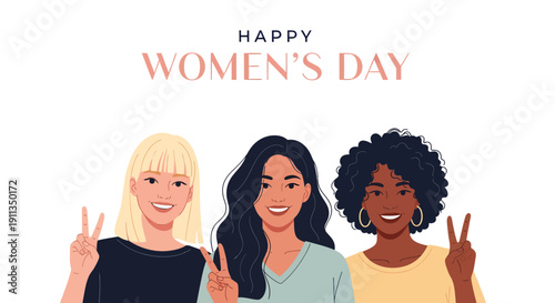 Diverse women celebrating unity and empowerment with peace gestures, symbolizing strength and solidarity