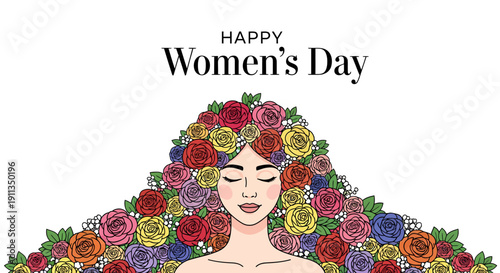 Vibrant floral portrait of a woman celebrating beauty and strength with a cascade of colorful blossoms