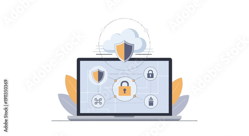 Cybersecurity concept: laptop with digital shield, padlock, and network icons on screen