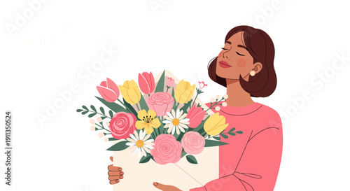 Woman holding a beautiful bouquet of colorful flowers, enjoying their scent