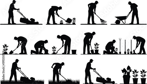 Set of black silhouettes showing gardener mowing lawn, planting flowers, digging soil, raking leaves, and caring for plants, professional landscaping and gardening service concept, vector illustration