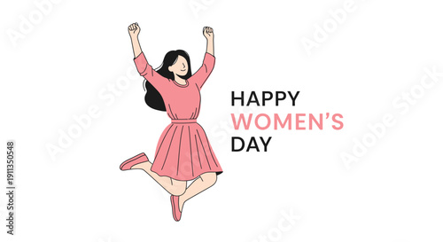 Happy Women's Day celebration illustration with a jumping woman and text