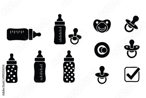 Collection of baby care icons including bottles pacifiers and feeding symbols in monochrome design