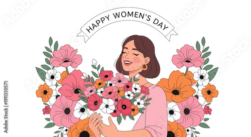 Happy Women's Day with Flowers and a Woman Celebrating