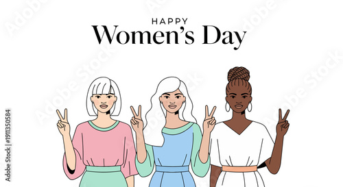 Three diverse women celebrating unity and empowerment, making peace signs in a minimalist illustration for International Women's Day
