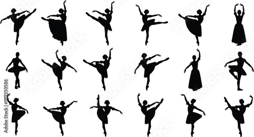 Set of black silhouettes showing graceful ballet dancers performing classical dance poses, pirouettes, jumps,