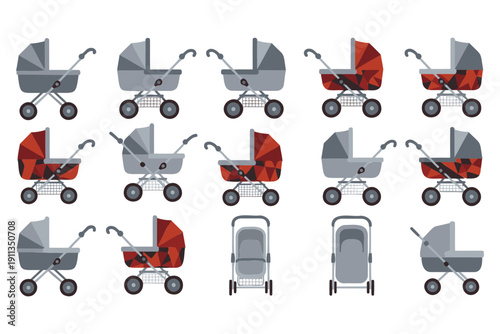 Collection of stylized baby strollers and carriages in various geometric designs and colors isolated for creative use