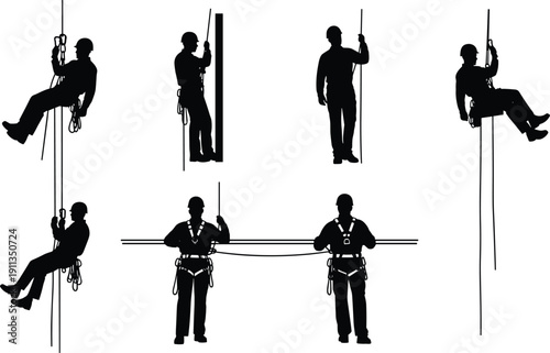Set of black silhouettes showing rope access technicians climbing, descending, and working at height with safety harness, industrial maintenance and construction safety concept,