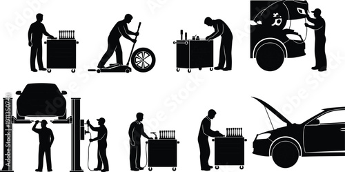 Set of car mechanic silhouettes showing vehicle repair, maintenance, inspection, tire change, engine service and workshop tools on white background, automotive service concept illustration