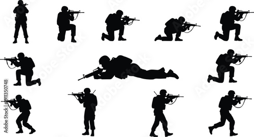 Set of black silhouettes showing soldiers in combat positions aiming rifles, kneeling, crawling, and advancing in tactical formation, military training and 