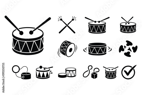 Collection of various drum and percussion instrument icons with drumsticks cymbals and rhythmic symbols isolated