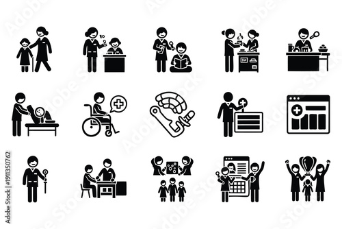 Collection of minimalist flat icon set depicting social care and medical assistance activities and services isolated on transparent background
