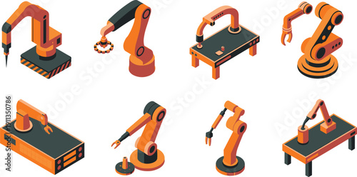 Advanced industrial robotic arms collection illustration featuring automated factory robots, mechanical manipulators and smart manufacturing technology equipment