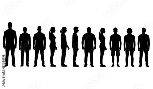 Diverse standing people silhouettes height reference vector set